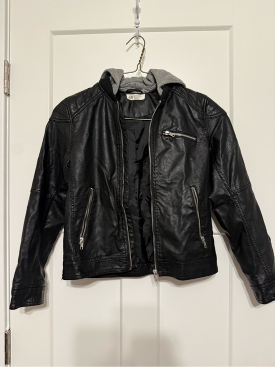 H&M Other - H&M Black Faux-Leather Bomber Jacket with Gray Hood